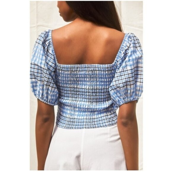Lulu's Delightful Disposition Blue Plaid Smocked Puff Sleeve Crop Top Size S - Picture 2 of 9